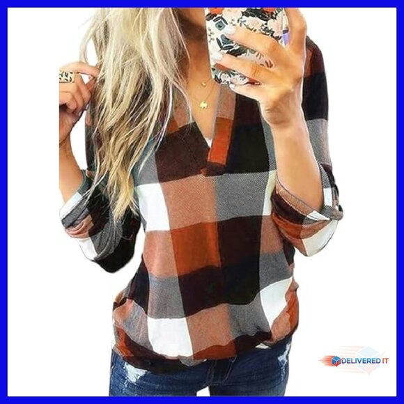 V-Neck Plaid Button-Down Blouse Long Sleeve Casual Work Top - Picture 2 of 8